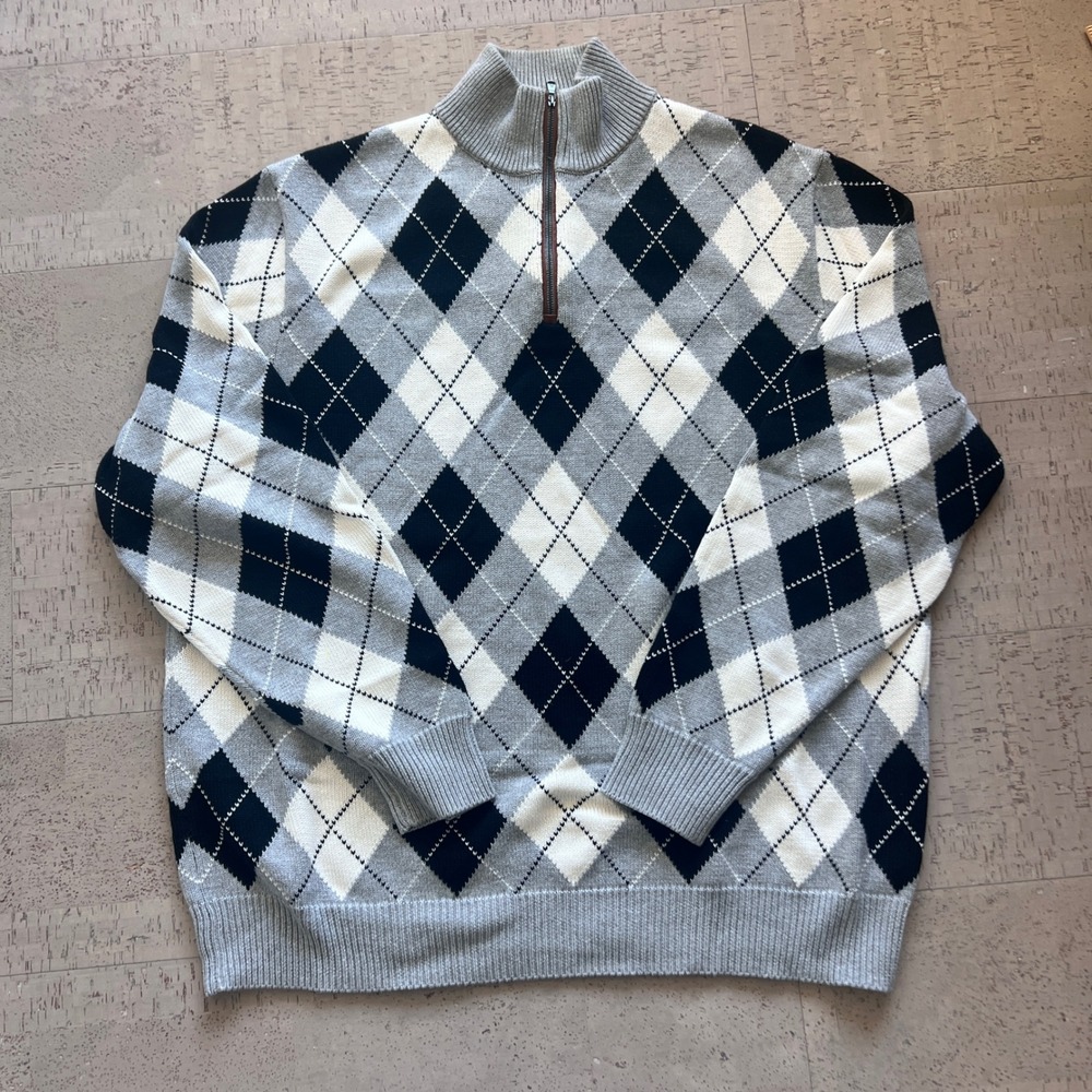 Polo Golf Ralph Lauren Sweater Mens XL Grey Argyle Quarter Zip Good Pullover
